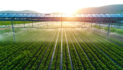 Aerial view of a greenhouse farm with irrigation system