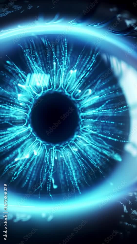 Poster extreme close-up video of a futuristic digital eye with a deep blue neural network iris, processing 