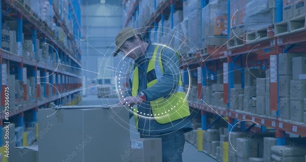 Poster Warehouse worker lifting box and scanning label showing digital overlay verifying inventory levels