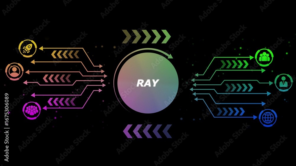 Poster digital data flow diagram with icons for people and business on black background technology network
