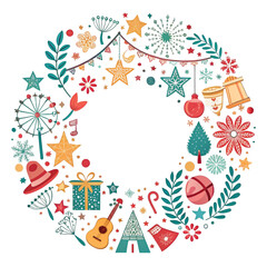 Festive holiday wreath with stars, gifts, garland, and ornaments, perfect for seasonal greetings and joyful celebrations invitation design