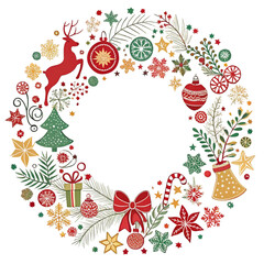 Festive Christmas wreath featuring ornaments, reindeer, gifts, and a red bow for seasonal greetings and holiday celebrations