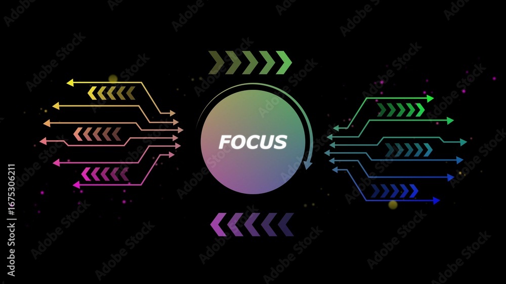 Poster central circle with the word f o c u s surrounded by abstract digital lines and arrows in gradient c