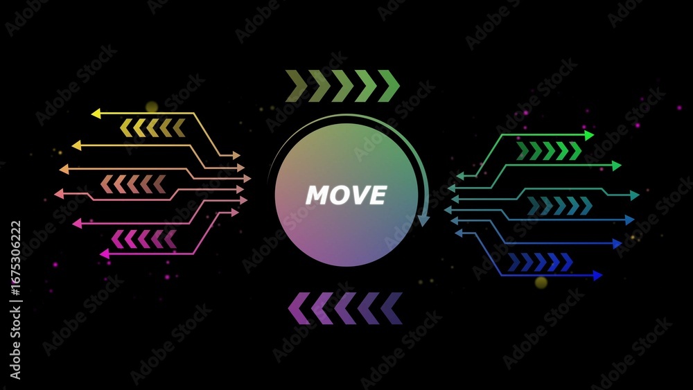 Poster abstract digital graphic with colorful arrows and the word m o v e in a gradient circle on black bac
