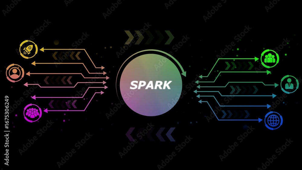 Poster digital network diagram with spark in center and icons of people rocket and globe technology data
