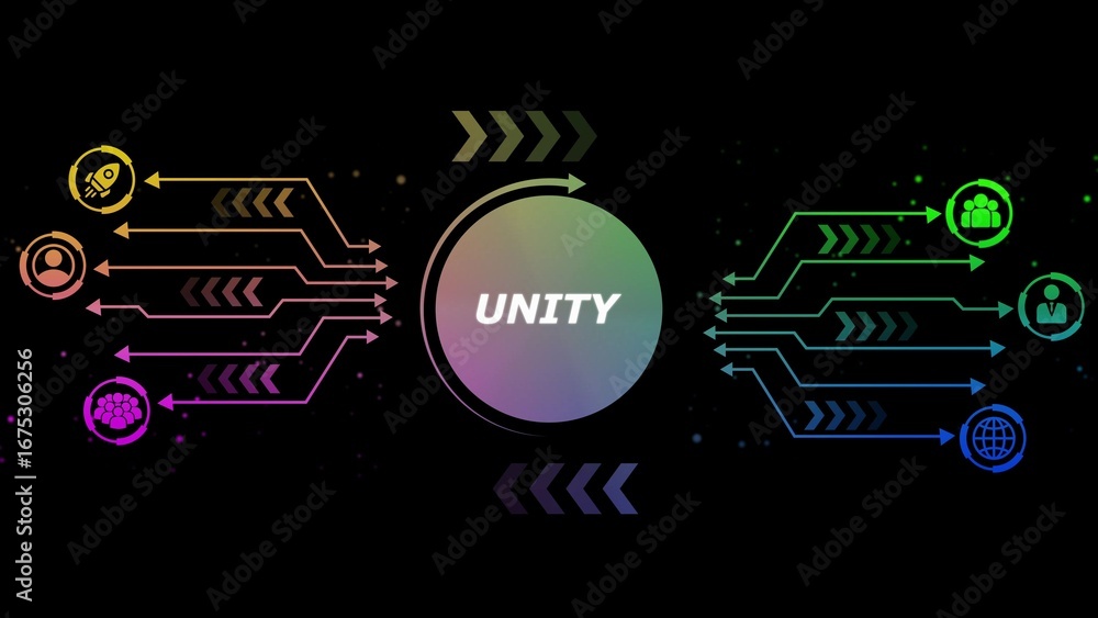 Poster abstract digital network connecting icons with word unity in center on black background technology c