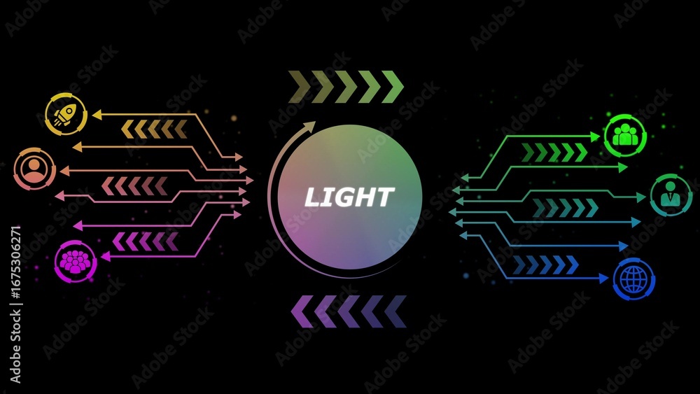Poster digital network flow diagram with icons and gradient circle in center technology data