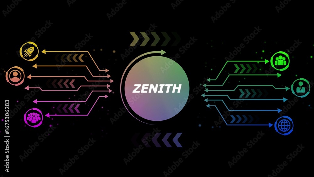 Poster digital network connecting icons with gradient arrows and central circle text z e n i t h on black b