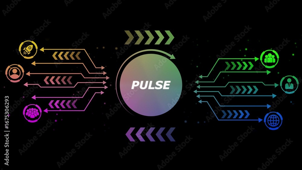 Poster digital network diagram with glowing icons and pulsing circle in center technology data