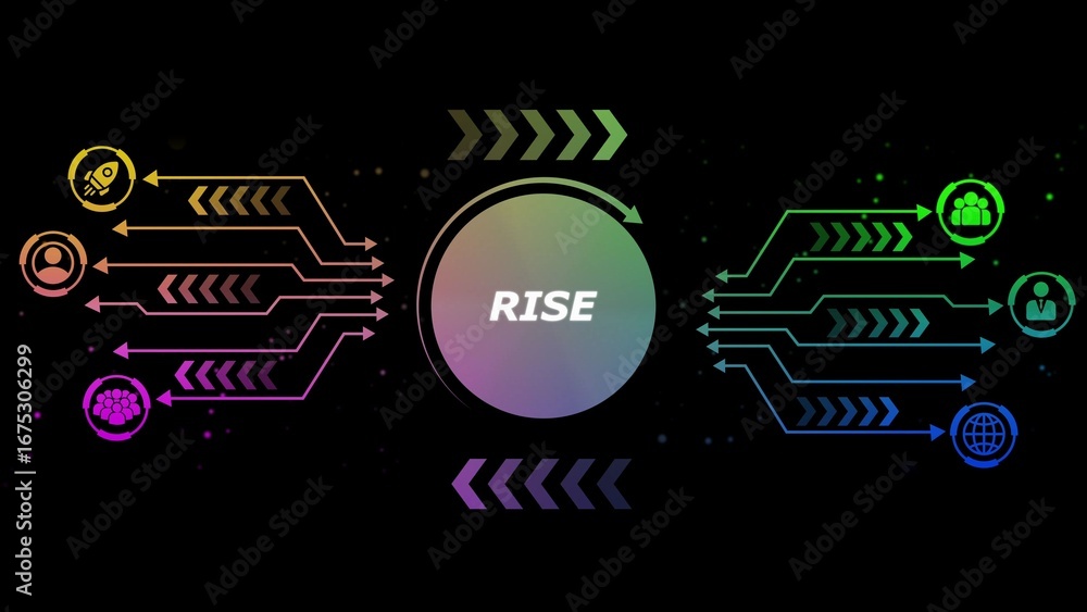 Poster digital infographic showing growth and connection with icons and arrows on black background technolo