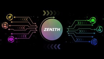 Digital network connecting icons with gradient arrows and central circle text Z E N I T H on black background