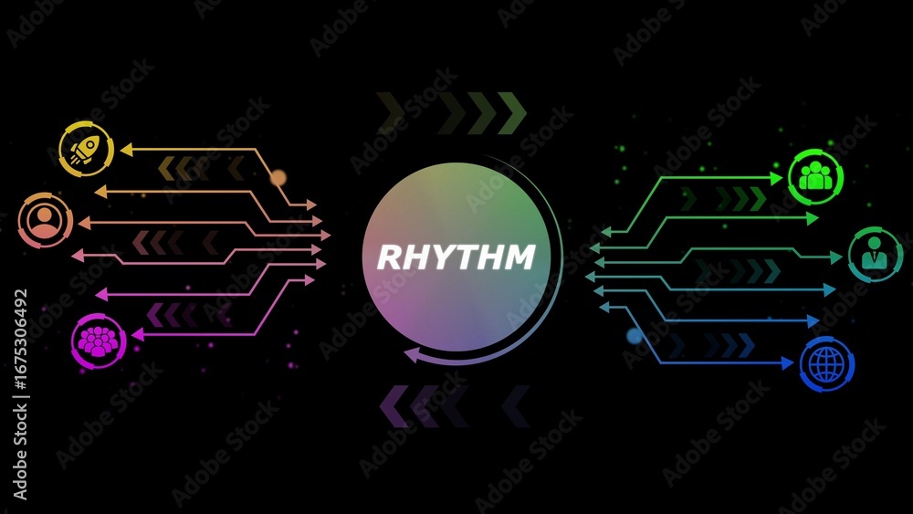 Poster abstract digital infographic with colorful lines and icons on black background technology data
