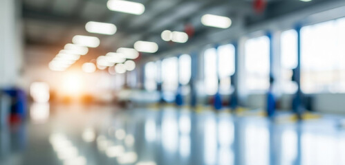 Blurred factory interior with sunlight streaming through windows creating a bright atmosphere, capturing industrial machinery, spacious layout, and the dynamic energy of a working manufacturing space.