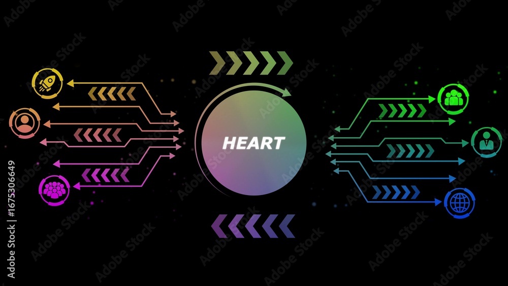 Aufkleber digital network diagram with heart symbol and icons for people and business technology connection