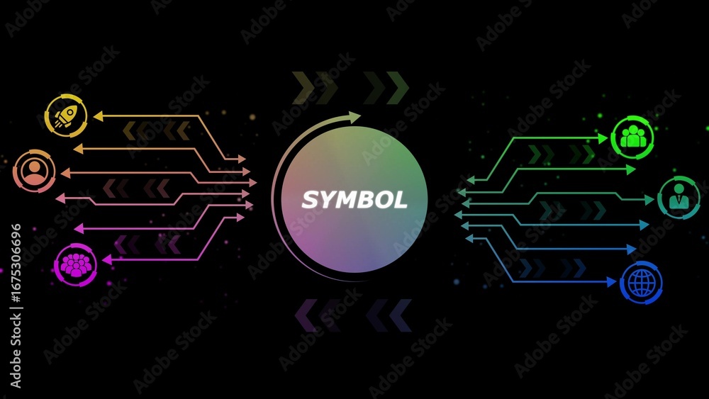 Poster abstract network of glowing arrows connecting icons to a central gradient circle with the word s y m