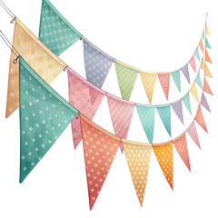 Cheerful decorative bunting flags hanging in pastel colors, perfect for parties, celebrations, events or festive occasions. Create a festive vibe.