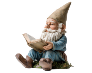 Gnome statue reading book fantasy ornament whimsical garden decor blue outfit pointed hat sitting pose cheerful expression outdoor decoration bearded figure playful