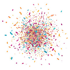 Vibrant colorful confetti explosion for festive celebration invitations, holiday party decorations, and dynamic event promotions, isolated