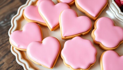 Obraz premium Elegant pastel pink decorated cookies on a platter, perfect for Valentine's Day or birthday celebration, foodphotography, beautiful