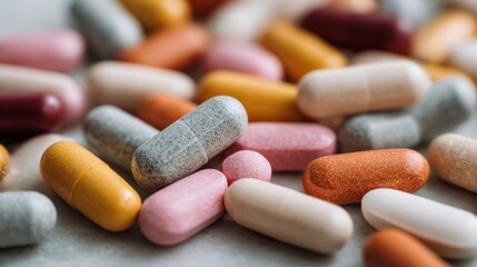Close-up view of assorted colorful vitamins and supplements showcasing various shapes and colors on a neutral surface
