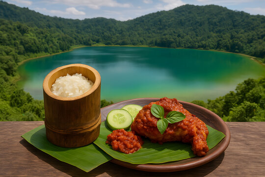 AI-generated illustration of Indonesian Nasi Jaha with Danau Linow background