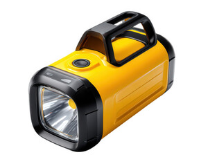 Yellow flashlight, portable lantern, plastic handle, outdoor camping essential, emergency lighting, modern design, isolated on transparency background