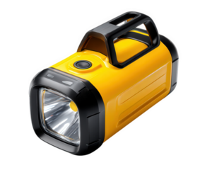 Yellow flashlight, portable lantern, plastic handle, outdoor camping essential, emergency lighting, modern design, isolated on transparency background