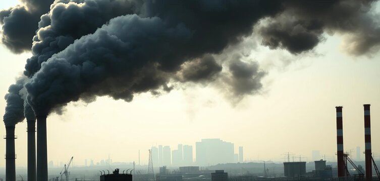 Grimy smokestacks belch black smoke into a hazy cityscape, industrial pollution, landscape