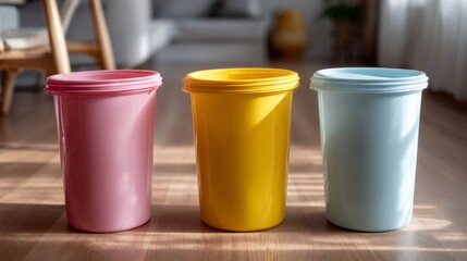 Brightly colored bins for glass, plastic, and paper recycling displayed in a modern, well-lit space