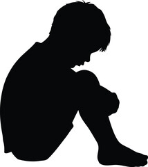 Sad child silhouette sitting isolated feeling alone melancholy vector