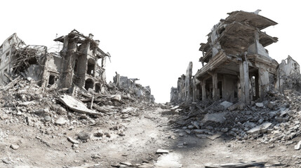 A desolate, ruined city with buildings in ruins and a road in the middle