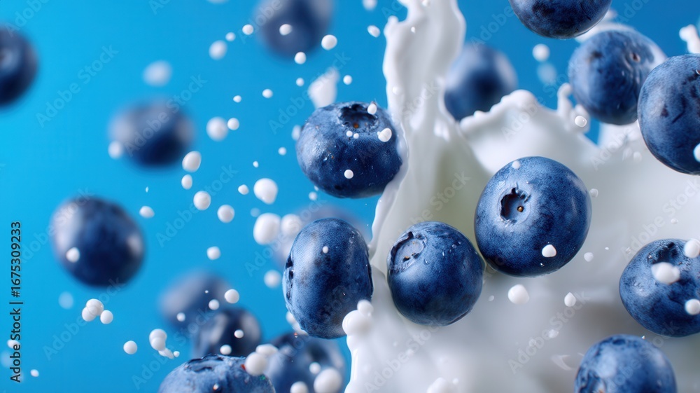 Poster ripe blueberries covered with water droplets make a splash as they fall into a pool of milk, creatin