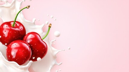 Ripe red cherries plunging into swirling white milk, generating dynamic splash with vivid color and contrast smooth liquid movement