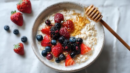 Overhead shot of oats bowl with mixed berries and honey drizzle
