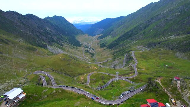 Parking of Transfagarasan alpine road in Rumania. Aerial dolly in