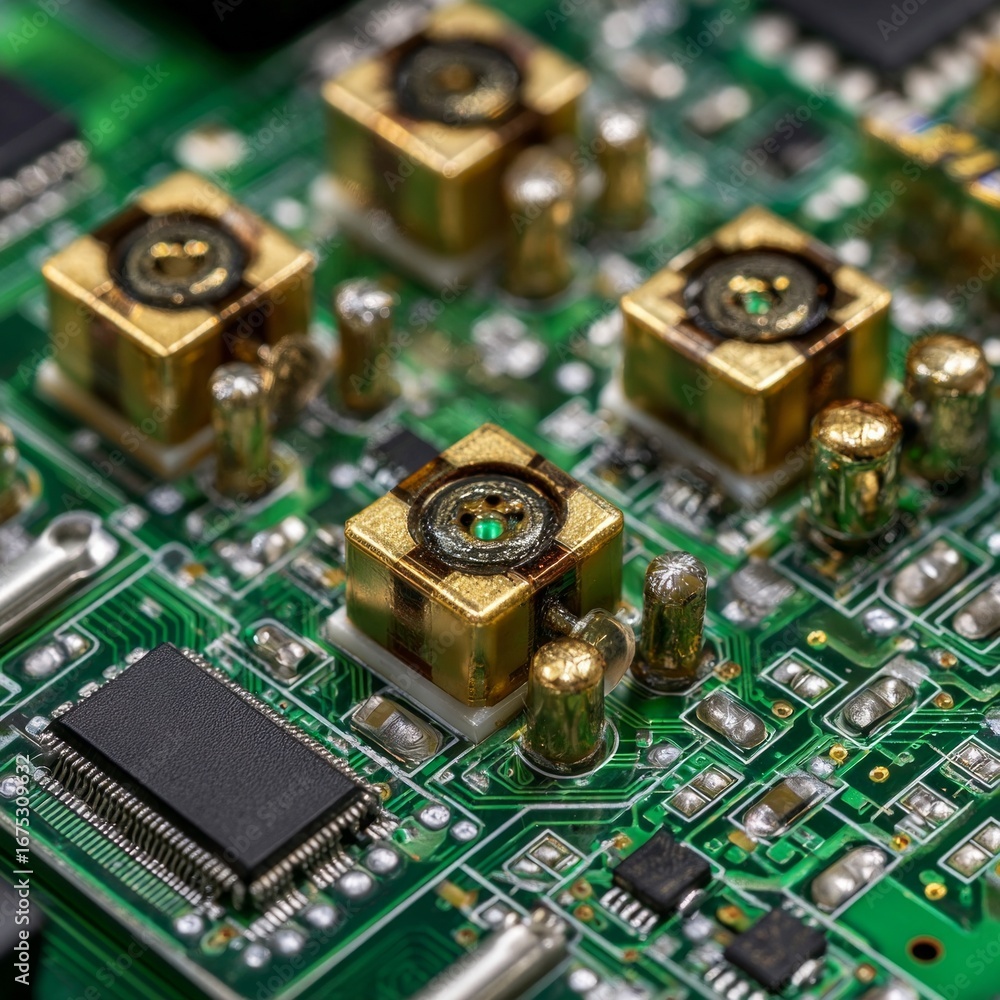 Poster a close up of a circuit board with gold colored buttons