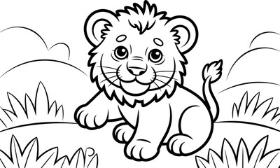 Adorable Cartoon Lion Cub, Black and White, Coloring Page Illustration