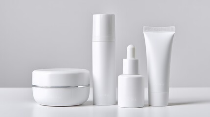 Assorted skincare products with cream jar, serum bottle, and lotion tube on clean white surface, minimal aesthetic, professional studio lighting, unbranded packaging