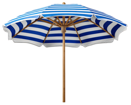 Blue white striped beach umbrella with wooden pole, outdoor sunshade tent for summer relaxation, providing shade and protection at seaside or garden, cheerful vacation accessory