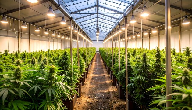 Indoor cannabis farm with grow lights
