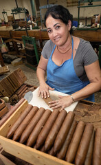 Female cigar maker handling tobacco leaves, rolling premium habanos in traditional cuban factory,...