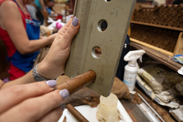 Close up wooden gauge measuring ring size of premium handmade cuban cigar, highlighting skilled...