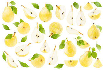 Obraz premium Yellow ripe pear fruits grand collection, isolated on white background, closeup. Pears whole, halves, quarters with green leaves from different sides, studio shot. Summer fruit set for advertising.