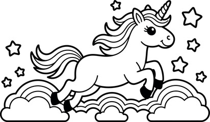 Adorable Cartoon Unicorn Leaps Over Rainbow Clouds, Stars.