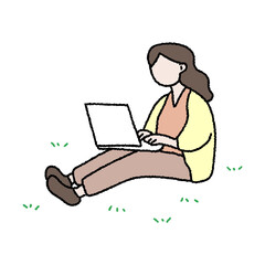 야외에서 컴퓨터를 하고 있는 사람 일러스트