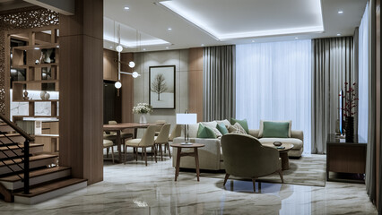 Modern living room and kitchen interior design with elegant furniture, cozy lighting, and luxury decoration. Stylish open space layout showcasing contemporary home decor.