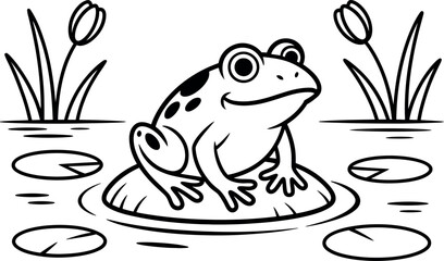 Happy cartoon frog on lily pad, black and white illustration.