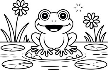 Happy Cartoon Frog on Lily Pad, Black and White Line Art Illustration