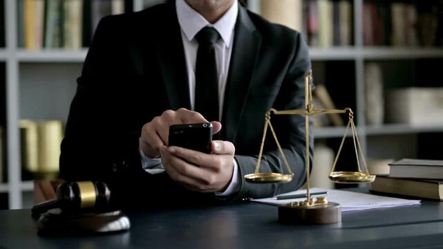 Successful Businessman prosecutor judge tapping or scrolling on mobile phone smartphone and browsing internet online
