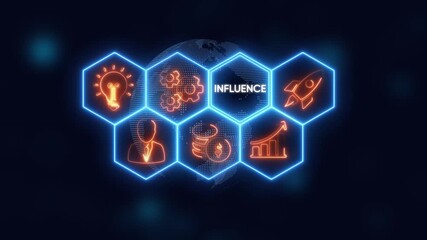 Influence concept with glowing neon icons on a digital globe background marketing social media - Powered by Adobe